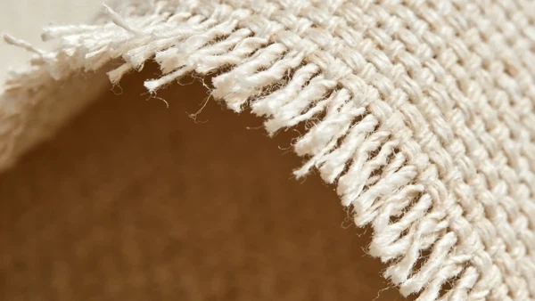 Close-up of a cut woven fabric edge showing visible yarns and fraying Close-up of a cut woven fabric edge showing visible yarns and fraying